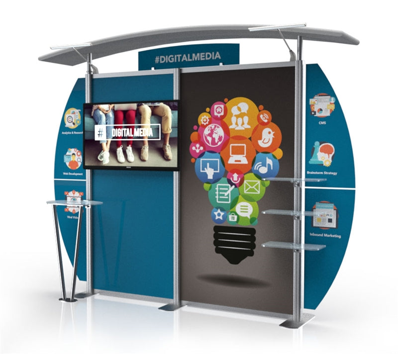 10ft Timberline Display w/ Arch Top, Curved Wings & TV mount